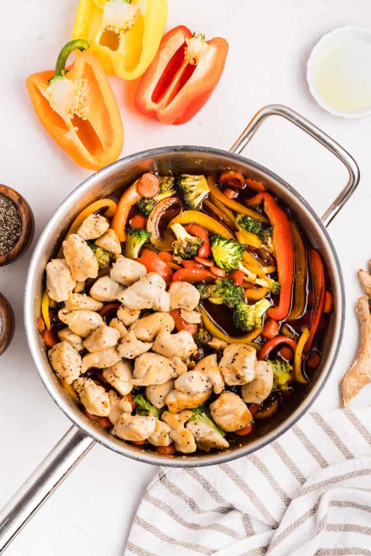 Pieces of chicken returned to the veggie stir fry