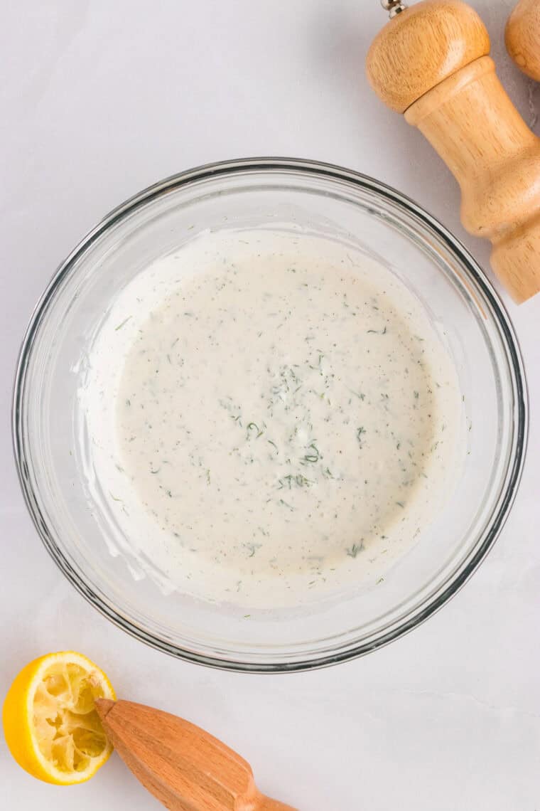 Greek yogurt dill dressing in a bowl