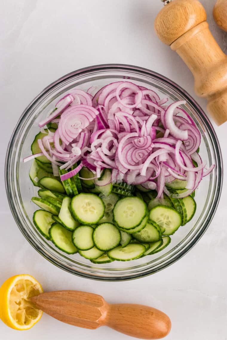 Sliced cucumbers and red onions in a bowl