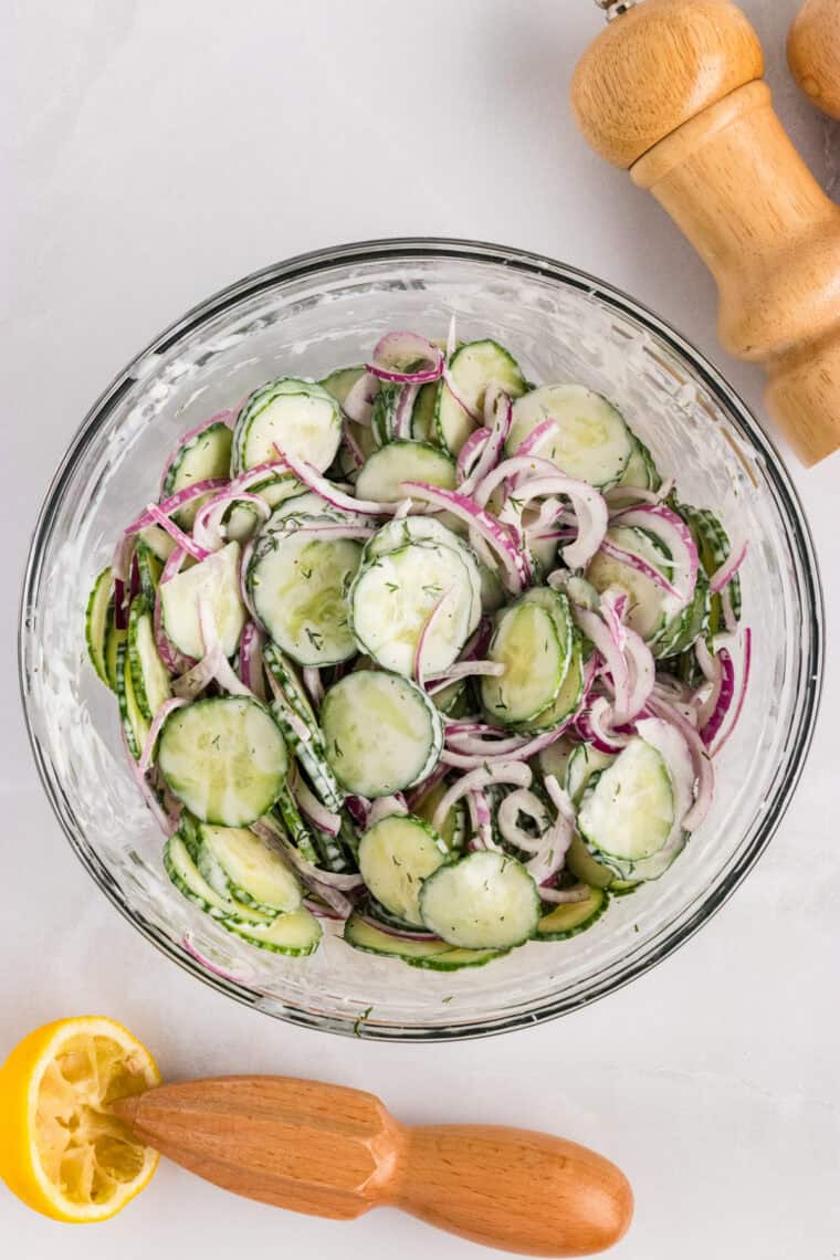 Overhead view of a bowl of cucumber salad