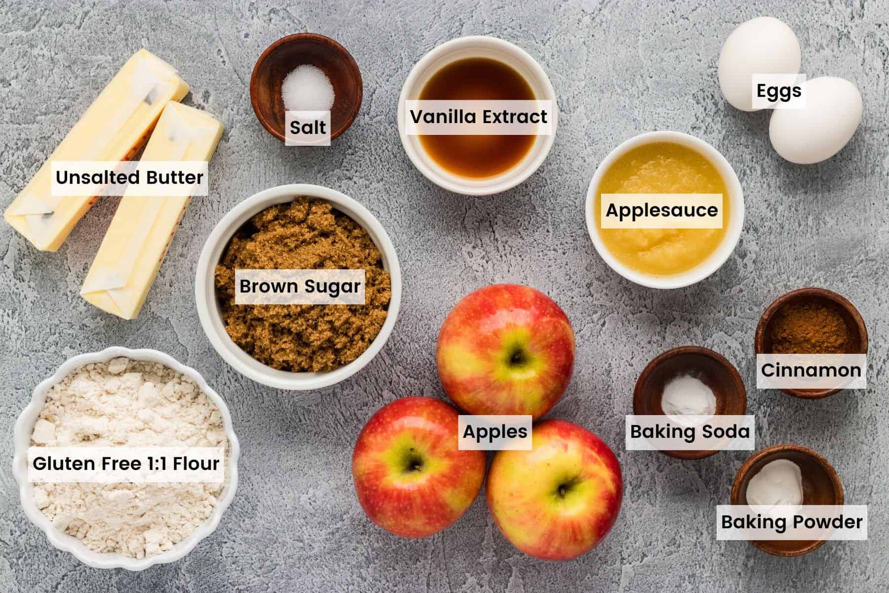 Labeled ingredients needed for gluten free apple bread