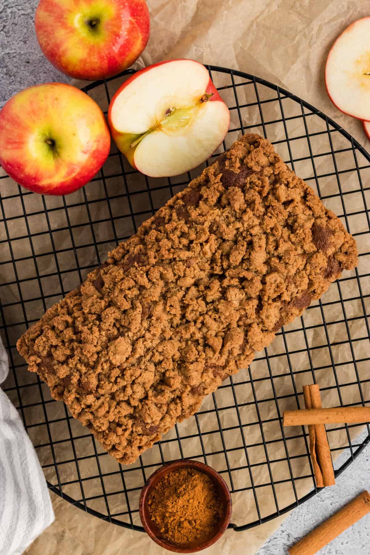 Overhead view of gluten free apple bread on a cooling rack