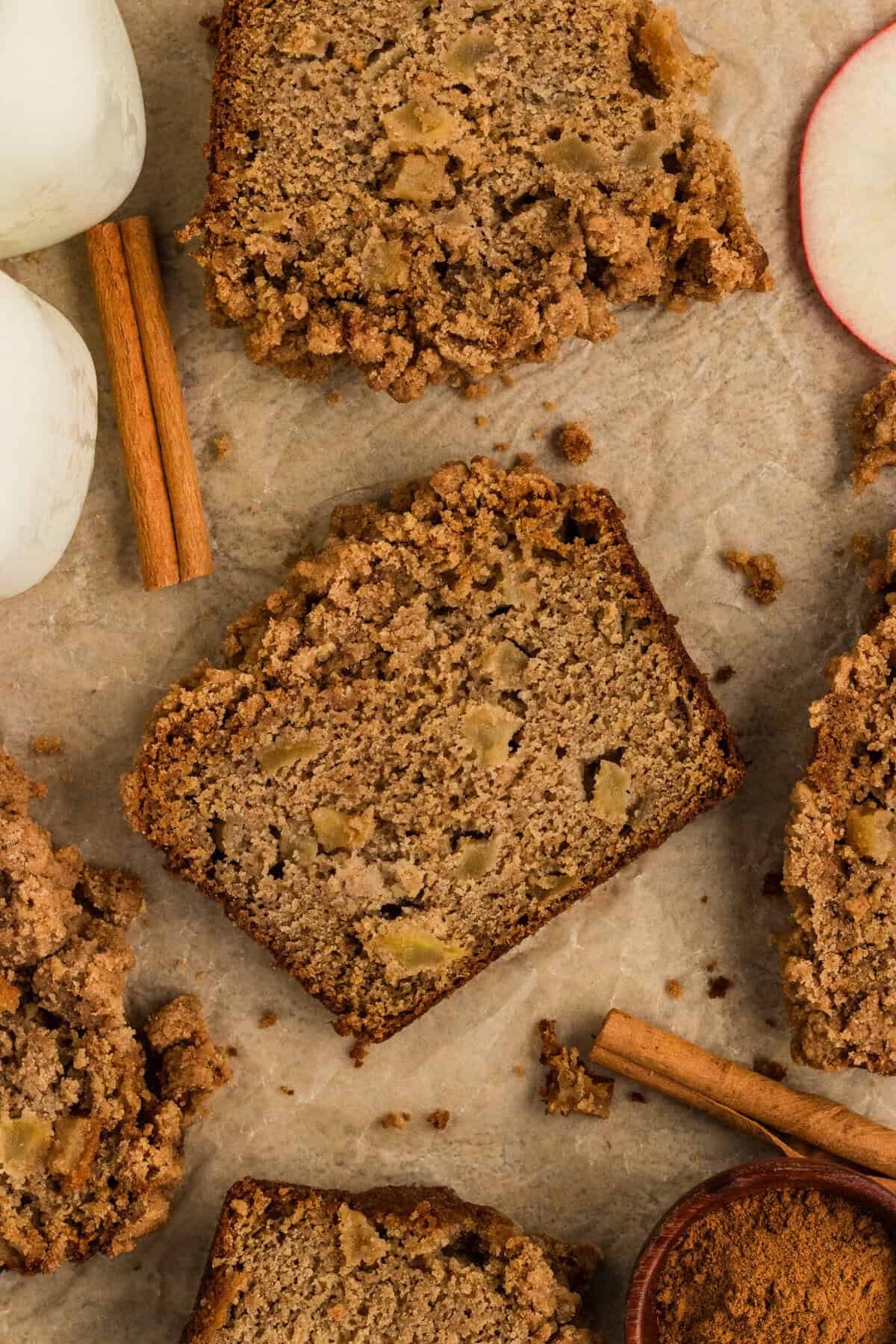 Overhead view of slices of gluten free apple bread