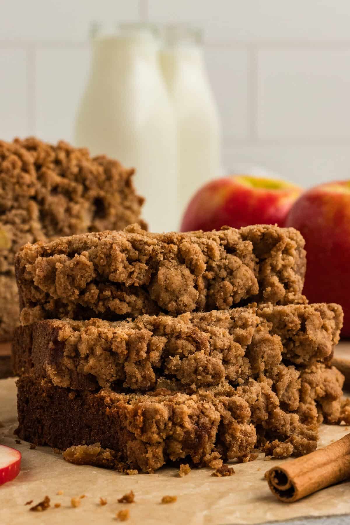 Three slices of apple bread stacked