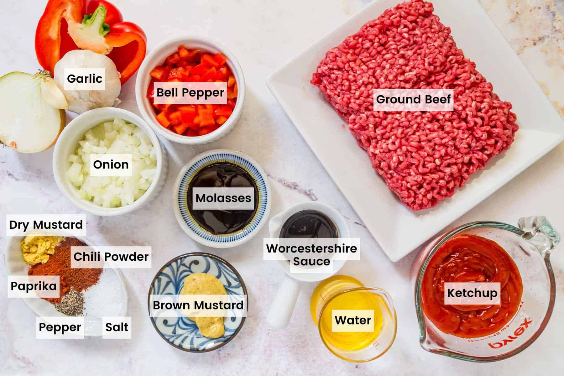 Ground beef plus ingredients for sloppy joe sauce in bowls and dishes with text labels.