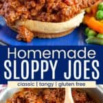 A sloppy joe sandwich on a blue plate and the meat and sauce mixture in a pan divided by a blue box with text that says "Homemade Sloppy Joes".