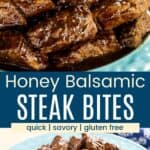 A fork piercing a glazed steak bite and a plate of them divided by a blue box with text that says "Honey Balsamic Steak Bites".