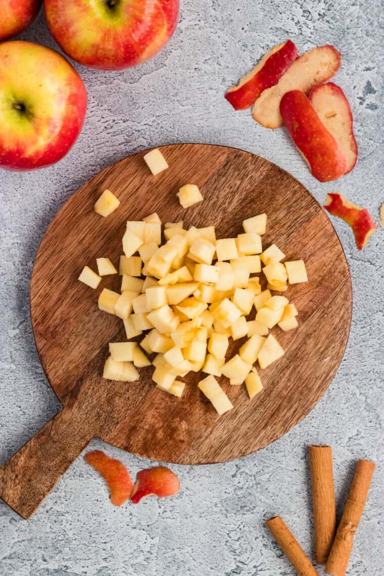 Diced apples on a cutting board