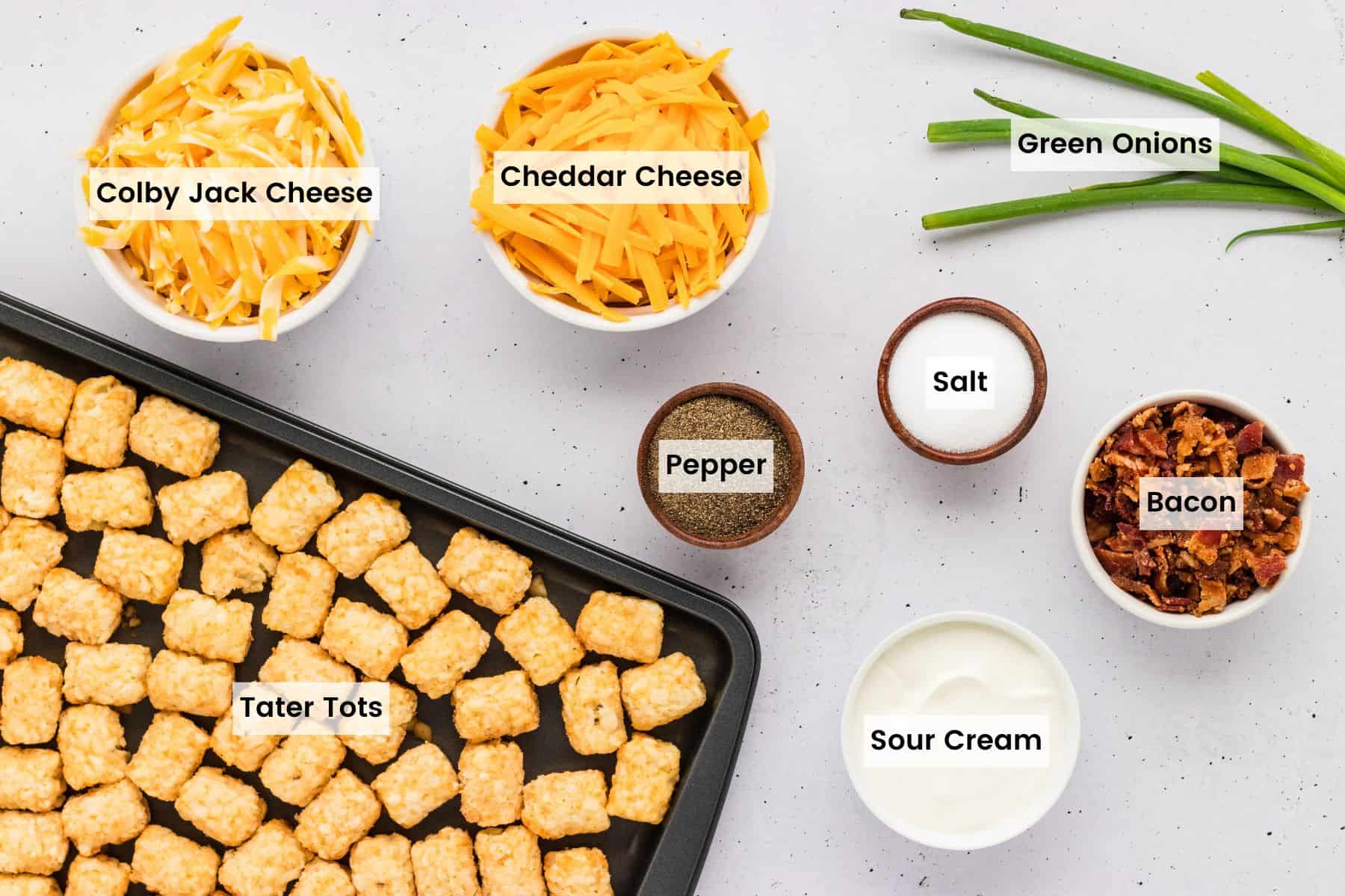 Overhead view of ingredients needed for loaded tater tots