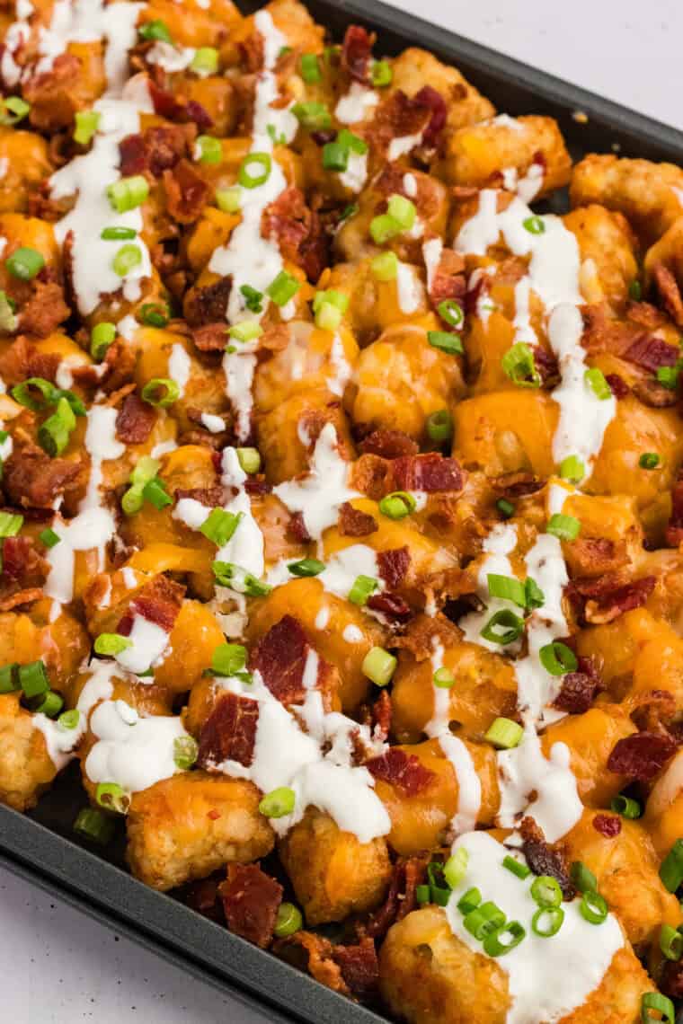 A pan of loaded tater tots