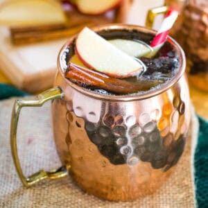 An apple cider mule cocktail in a copper mug with apple sliced and cinnamon sticks floating on top.