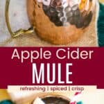 A cocktail in a copper mug from the side and fro above divided by a red box with text that says "Apple Cider Mule".