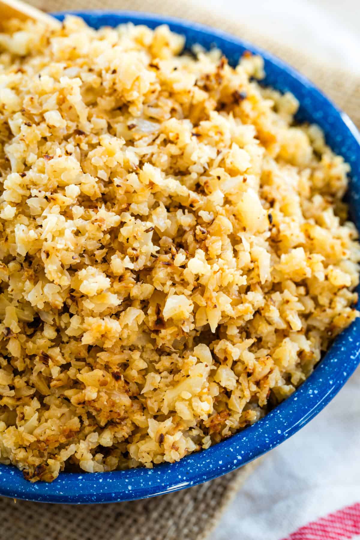 A closeup of browned butter cauliflower rice.