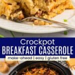 Pinterest graphic with photos of crockpot breakfast casserole