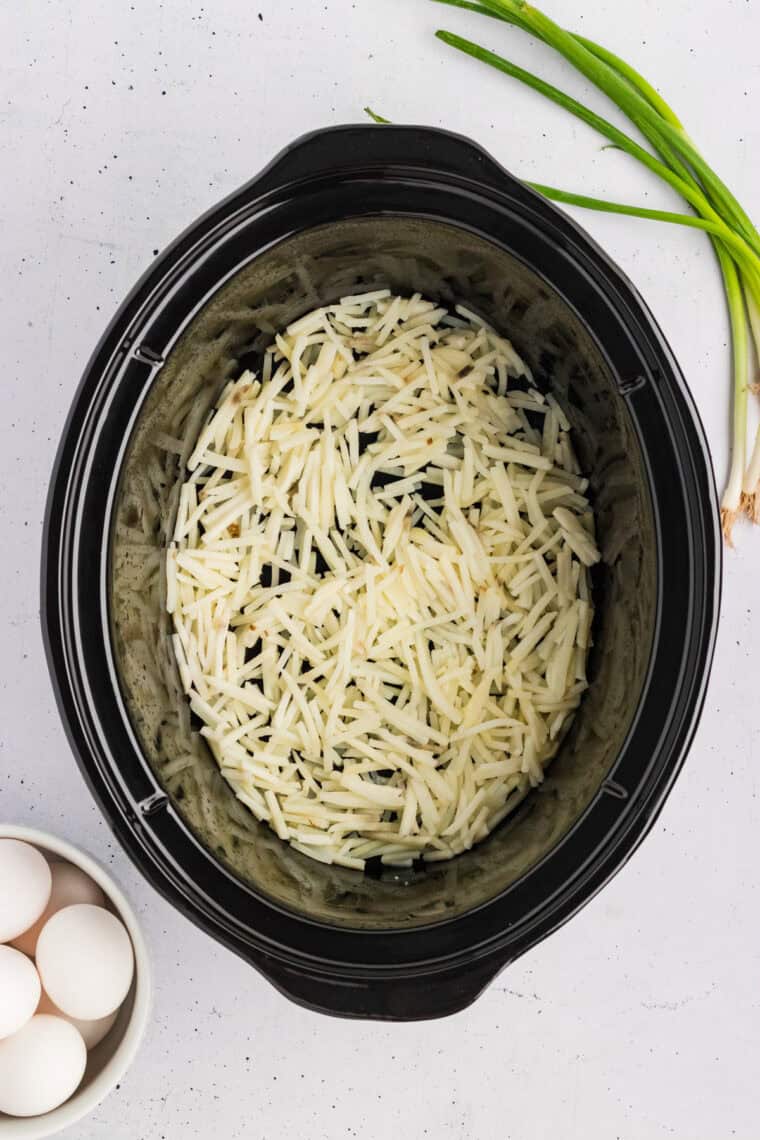 Shredded hashbrowns in the bottom of a crockpot