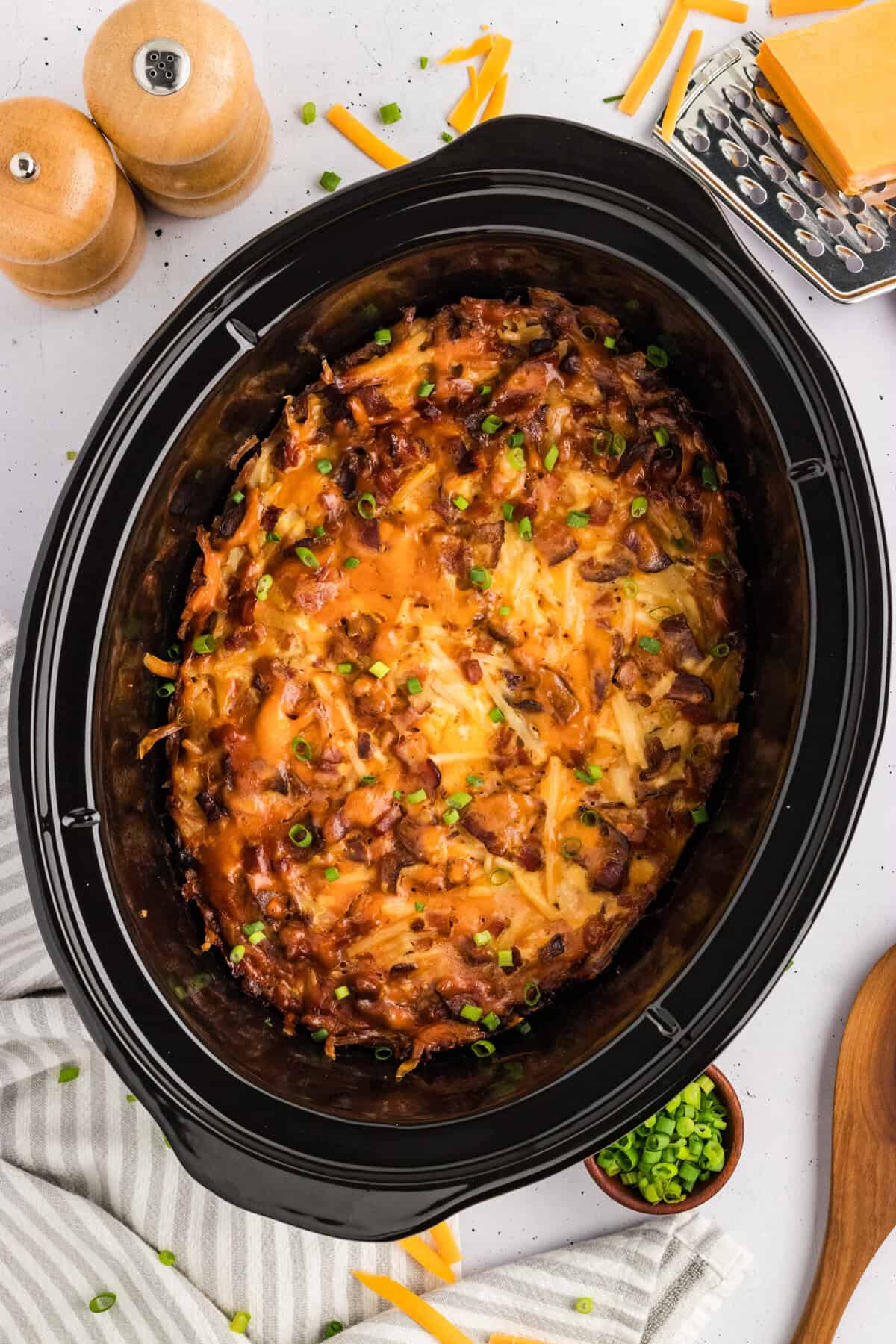 Overhead view of breakfast casserole in a crockpot