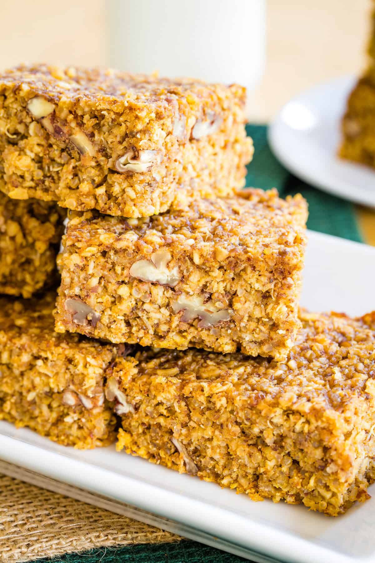 Oatmeal pumpkin breakfast bars on a platter.
