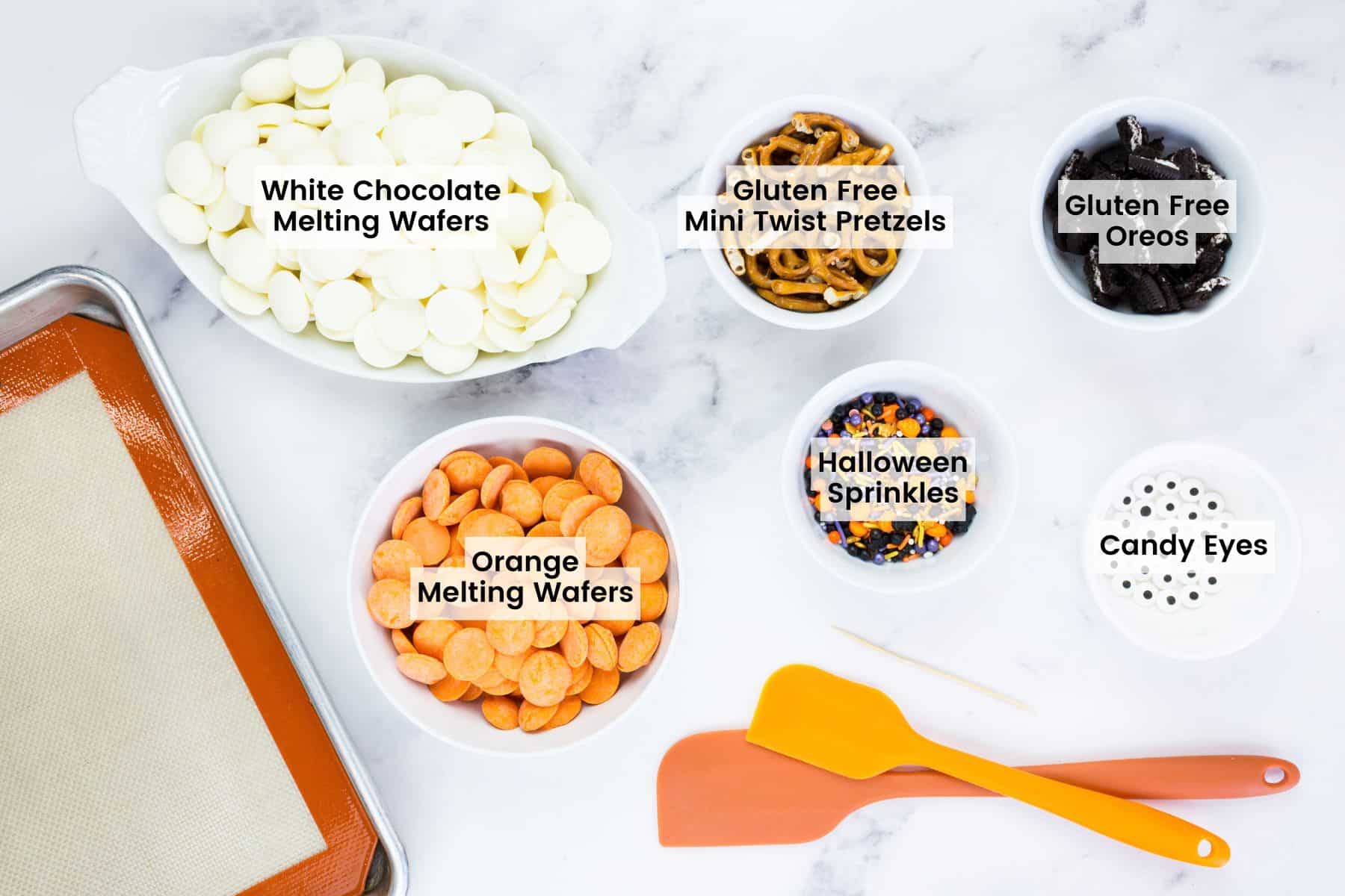 Overhead view of ingredients needed to make gluten free Halloween bark.