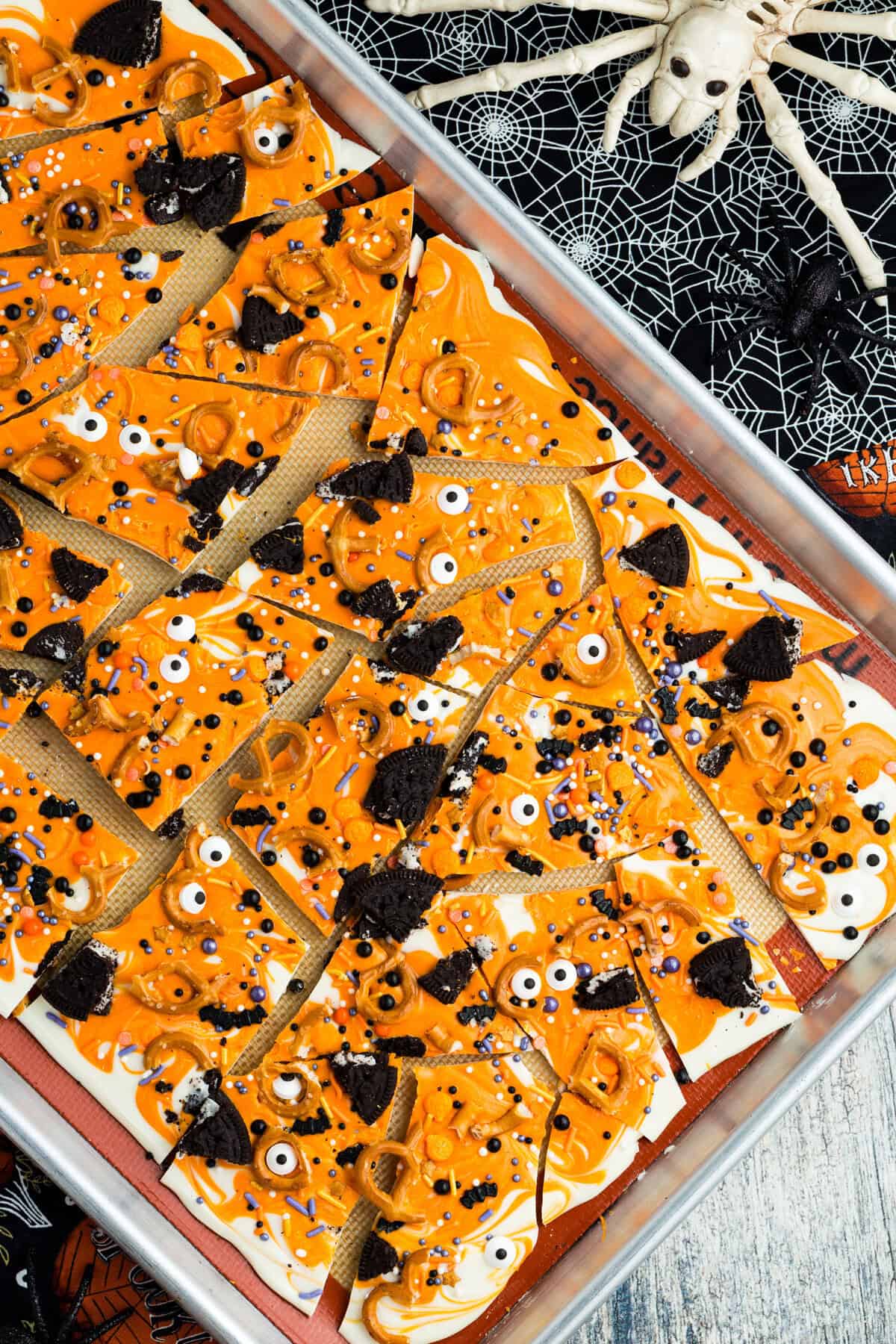 Overhead view of Halloween bark on a baking sheet