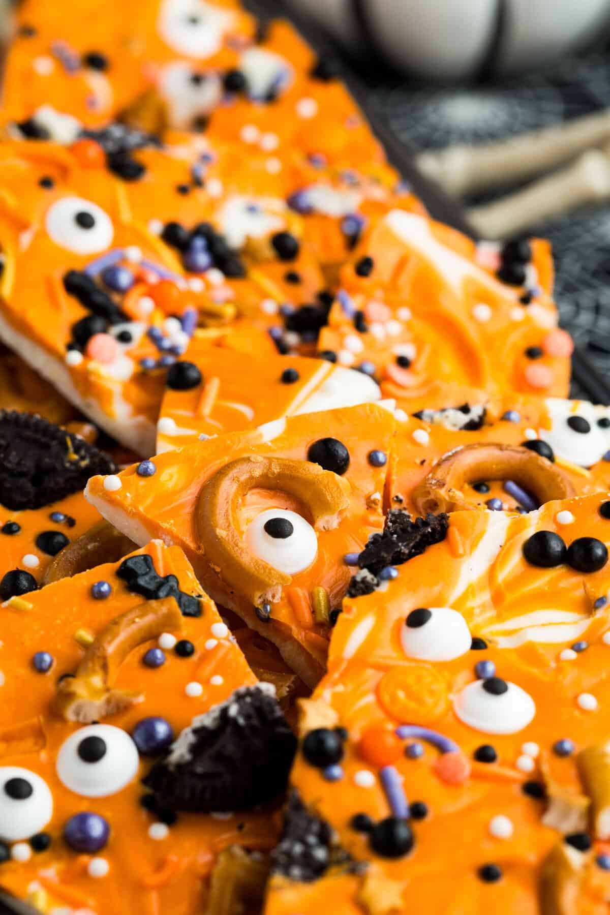 Close up of pieces of gluten free Halloween bark.
