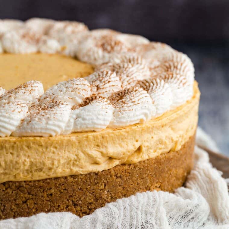 Close up of a gluten free no bake pumpkin cheesecake